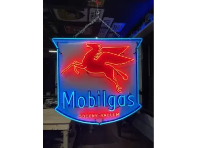 Original Porcelain Mobilgas Shield Sign w/Neon  52 IN W x 54 IN H 