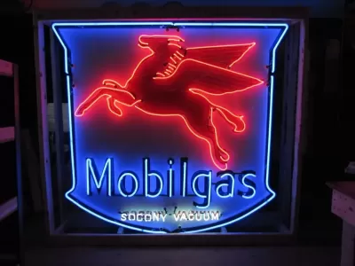 Original Mobil Pegasus "Socony" Porcelain Sign with Neon 56 IN W x 56 IN H