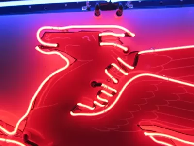 Original Mobil Pegasus "Socony" Porcelain Sign with Neon 56 IN W x 56 IN H