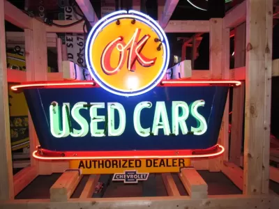 New OK USED CARS Double-Sided Porcelain Neon Sign with Bullnose 52"W x 39"H