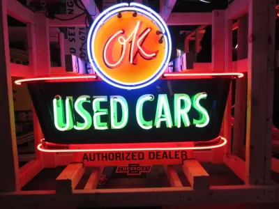 New OK USED CARS Double-Sided Porcelain Neon Sign with Bullnose 52"W x 39"H