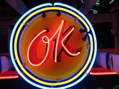 New OK USED CARS Double-Sided Porcelain Neon Sign with Bullnose 52"W x 39"H