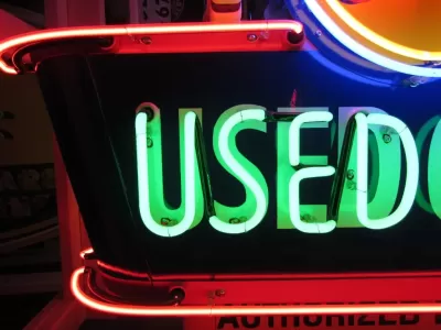 New OK USED CARS Double-Sided Porcelain Neon Sign with Bullnose 52"W x 39"H