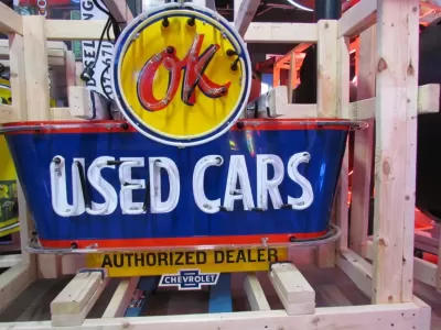 New OK USED CARS Double-Sided Porcelain Neon Sign with Bullnose 52"W x 39"H