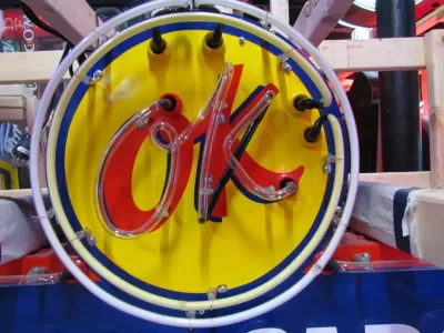 New OK USED CARS Double-Sided Porcelain Neon Sign with Bullnose 52"W x 39"H
