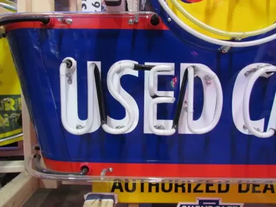 New OK USED CARS Double-Sided Porcelain Neon Sign with Bullnose 52"W x 39"H
