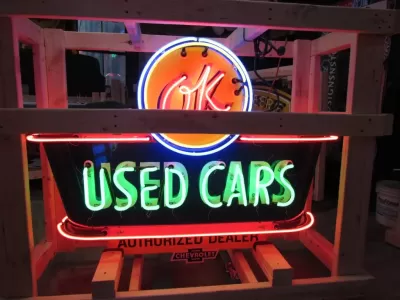 New OK USED CARS Double-Sided Porcelain Neon Sign with Bullnose 52"W x 39"H