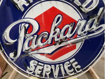 New Packard Double-Sided Porcelain Sign w/Aged Steel Can & Neon 48 IN Diameter