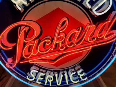New Packard Double-Sided Porcelain Sign w/Aged Steel Can & Neon 48 IN Diameter