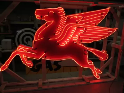New Large Left Facing Mobil Pegasus Cookie Cutter Painted Neon Sign 96"W x70"H