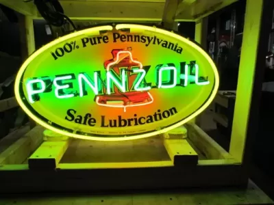 New Pennzoil Double-Sided Porcelain Neon with Aged Steel Can 30" W x 20" H