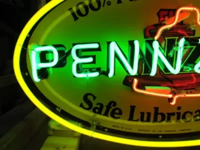 New Pennzoil Double-Sided Porcelain Neon with Aged Steel Can 30" W x 20" H