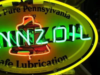 New Pennzoil Double-Sided Porcelain Neon with Aged Steel Can 30" W x 20" H