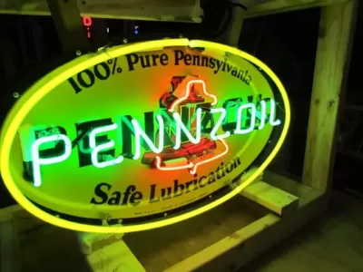 New Pennzoil Double-Sided Porcelain Neon with Aged Steel Can 30" W x 20" H