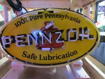 New Pennzoil Double-Sided Porcelain Neon with Aged Steel Can 30" W x 20" H
