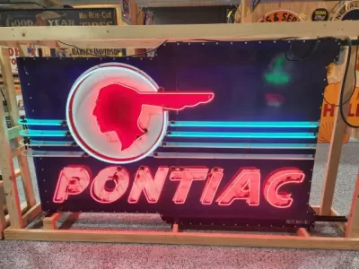 Original Professionally Restored Pontiac Double-Sided Porcelain Neon Sign 96 IN W x 60 IN H
