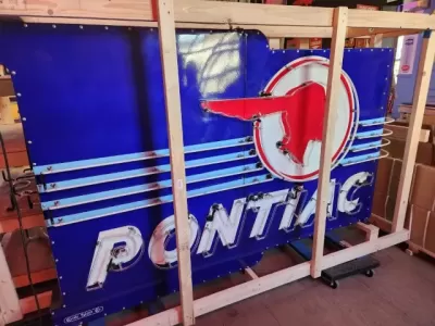 Original Professionally Restored Pontiac Double-Sided Porcelain Neon Sign 96 IN W x 60 IN H