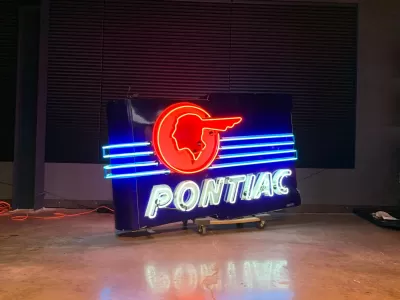 Original Professionally Restored Pontiac Double-Sided Porcelain Neon Sign 96 IN W x 60 IN H