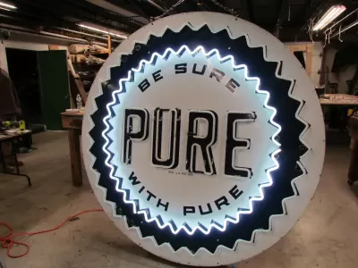New Pure Oil Porcelain Sign with Animated Neon 72" Diameter