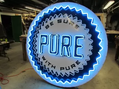 New Pure Oil Porcelain Sign with Animated Neon 72" Diameter