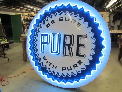 New Pure Oil Porcelain Sign with Animated Neon 72" Diameter