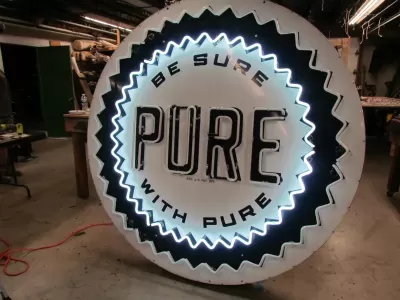 New Pure Oil Porcelain Sign with Animated Neon 72" Diameter