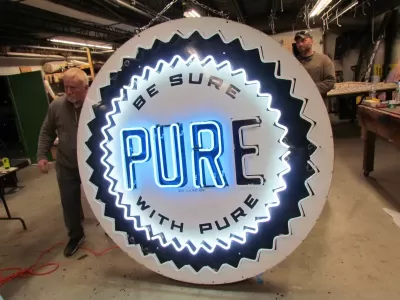 New Pure Oil Porcelain Sign with Animated Neon 72" Diameter