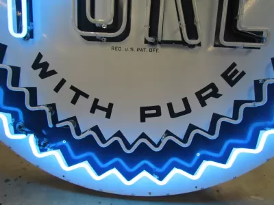 New Pure Oil Porcelain Sign with Animated Neon 72" Diameter