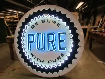 New Pure Oil Porcelain Sign with Animated Neon 72" Diameter