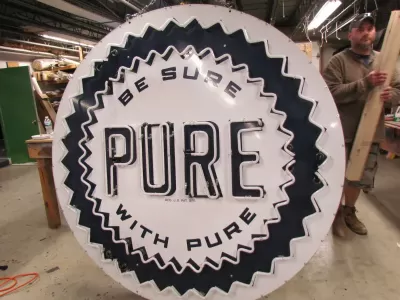 New Pure Oil Porcelain Sign with Animated Neon 72" Diameter