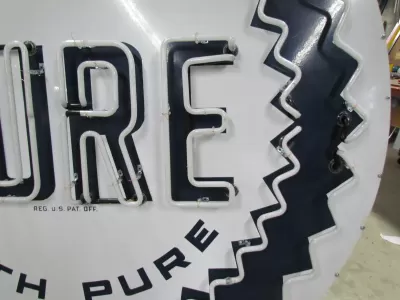 New Pure Oil Porcelain Sign with Animated Neon 72" Diameter