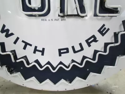 New Pure Oil Porcelain Sign with Animated Neon 72" Diameter