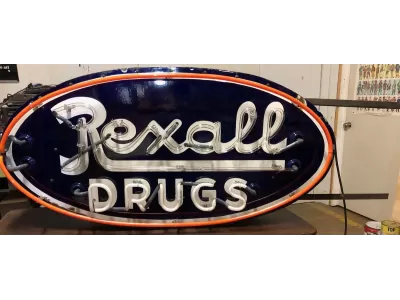 Original Rexall Drugs Double-sided Porcelain Neon Sign 72 IN W x 36 IN H 