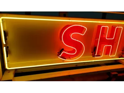 Original Shell Porcelain Strip Sign w/Neon 9 FT W x 20 IN H 