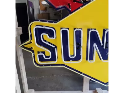 New Sunoco Porcelain Sign with Neon & Flashing Arrow 8 FT W x 5 FT H