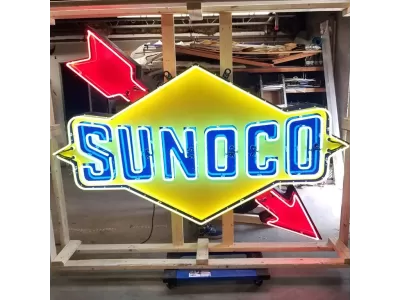 New Sunoco Porcelain Sign with Neon & Flashing Arrow 8 FT W x 5 FT H