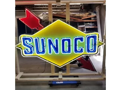 New Sunoco Porcelain Sign with Neon & Flashing Arrow 8 FT W x 5 FT H