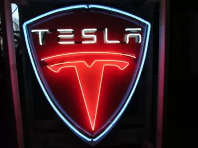 New Tesla Porcelain Sign with Neon 36 IN W x 48 IN H