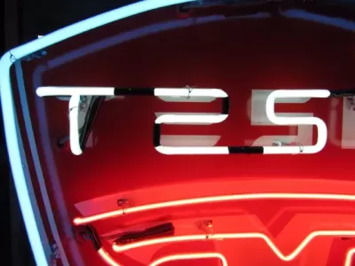 New Tesla Porcelain Sign with Neon 36 IN W x 48 IN H