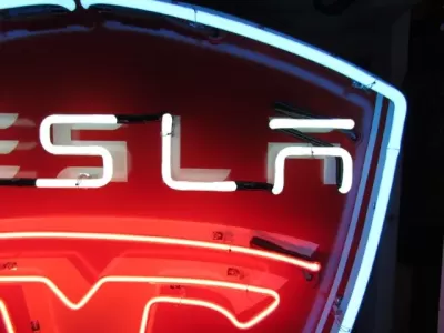 New Tesla Porcelain Sign with Neon 36 IN W x 48 IN H