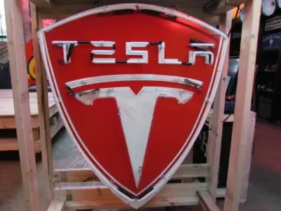 New Tesla Porcelain Sign with Neon 36 IN W x 48 IN H