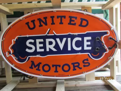 New United Motors Double-Sided Porcelain Neon Sign 48"W x 28"H