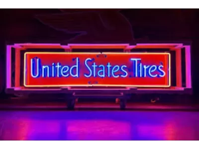 Original United States Tires Porcelain Sign w/Neon 72 IN W x 18 IN H