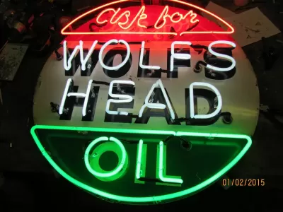 New "Ask for Wolf's Head Oil" Porcelain Neon Sign - 36" Diameter